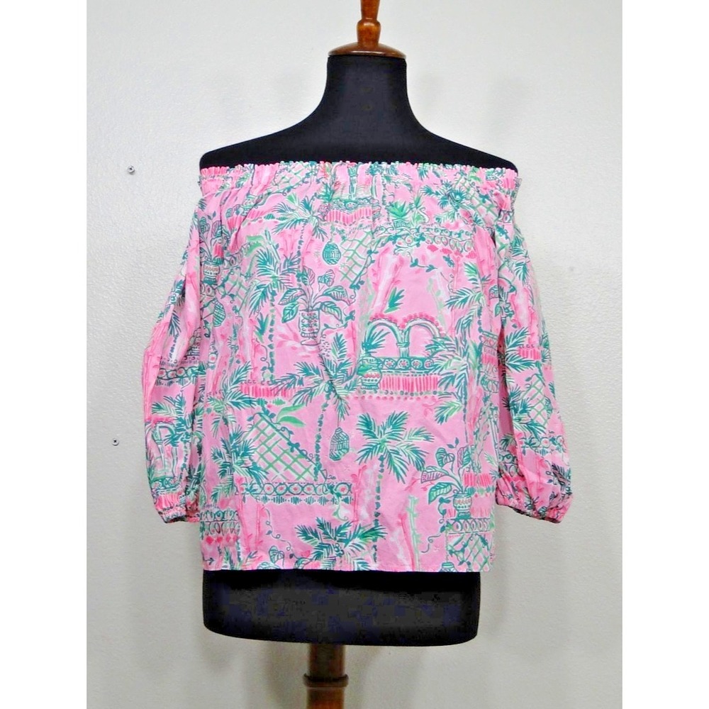 Lilly Pulitzer Nevie Off The Shoulder Blouse Mandevilla Pink/Green - XS